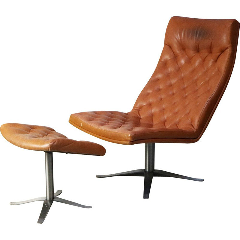 Danish leather vintage armchair and footstool, 1970s