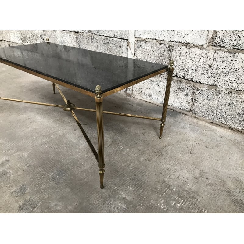 Table basse vintage en bronze & laiton avec plateau granit noir de Maison JANSEN 1940