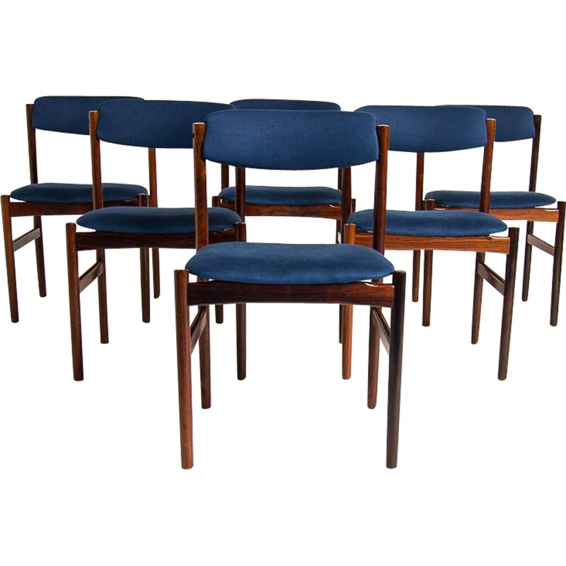 Set of 6 vintage dining chairs in rosewood and blue linen, 1960s