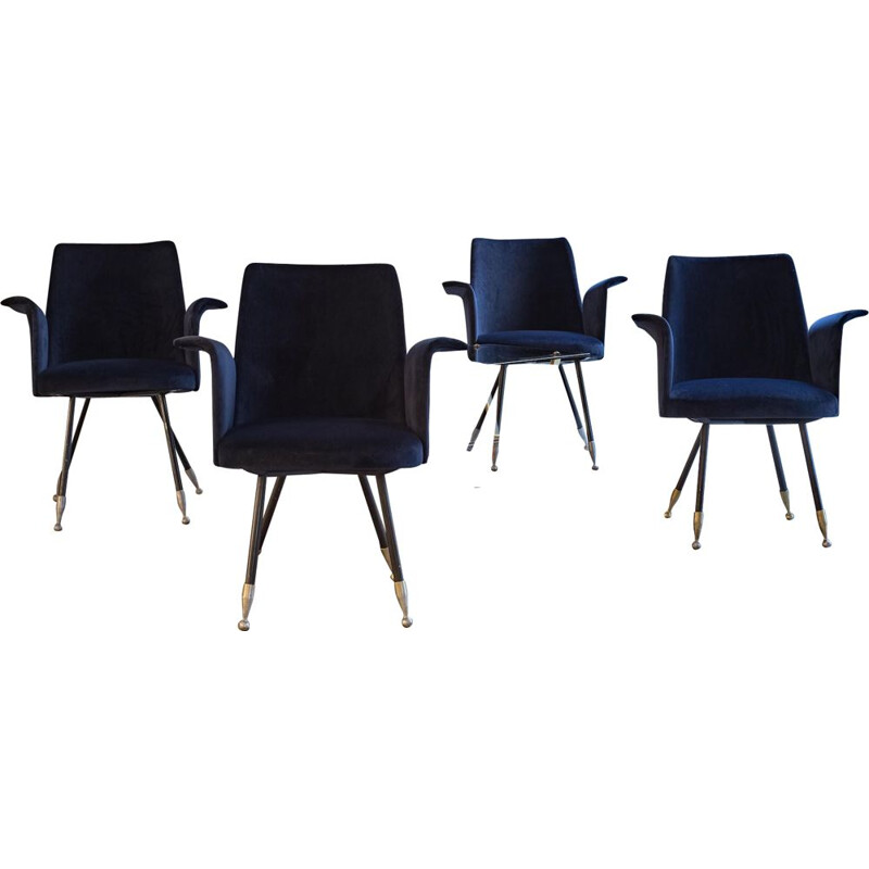 Set of 4 vintage armchairs in blue velvet, Italy, 1950