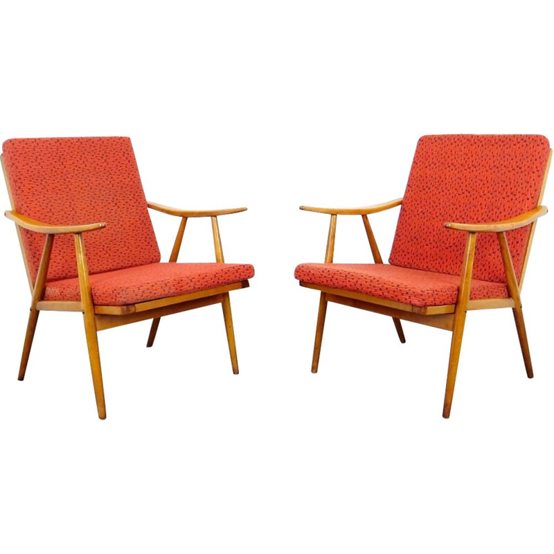 Pair of vintage red armchairs by Ton, 1970