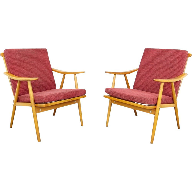 Pair of red vintage armchairs by Ton, 1970