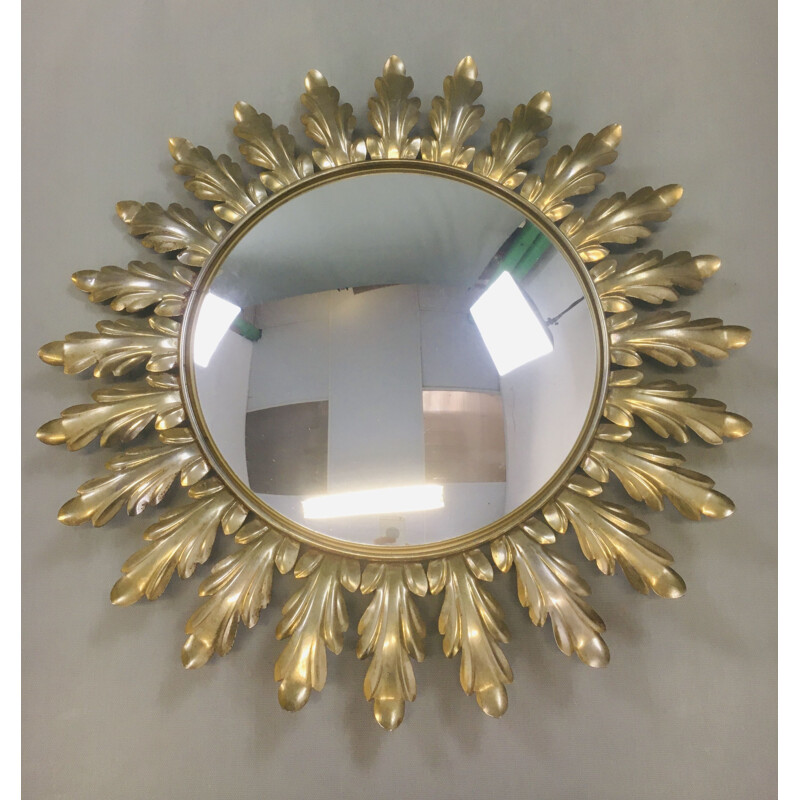 Miroir vintage "soleil" en métal doré, France, 1960