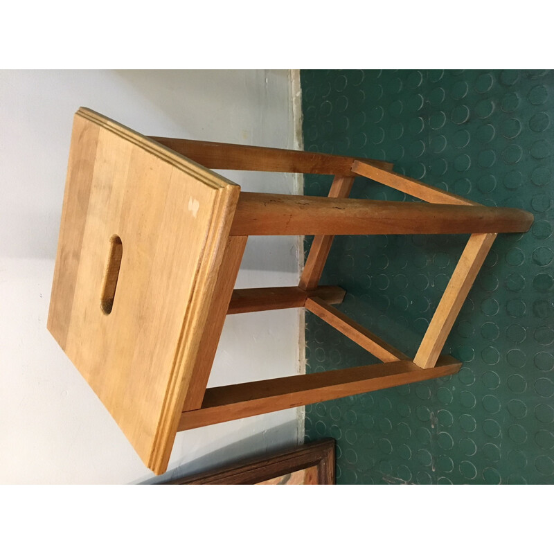 Vintage geometric stool in varnished beech, 1990s
