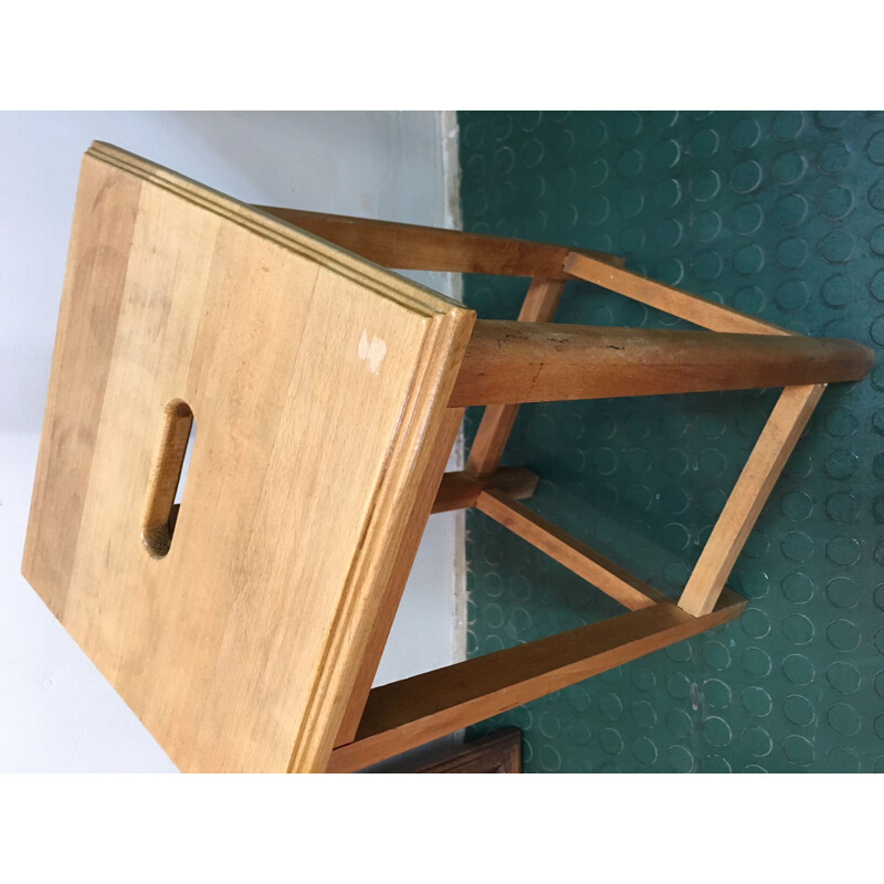 Vintage geometric stool in varnished beech, 1990s