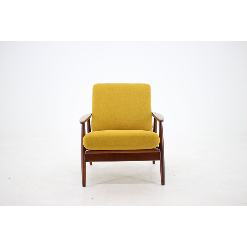 Vintage teakwood and yellow fabric armchair, Denmark, 1960s