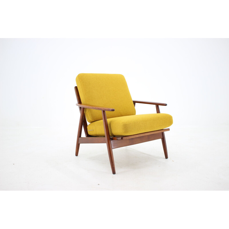 Vintage teakwood and yellow fabric armchair, Denmark, 1960s