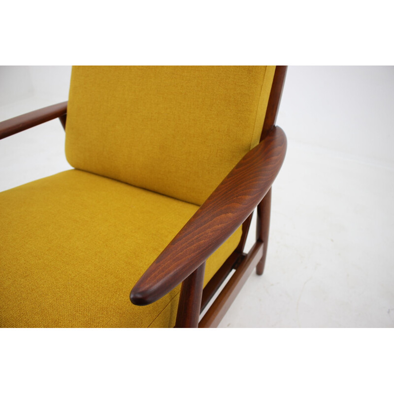 Vintage teakwood and yellow fabric armchair, Denmark, 1960s