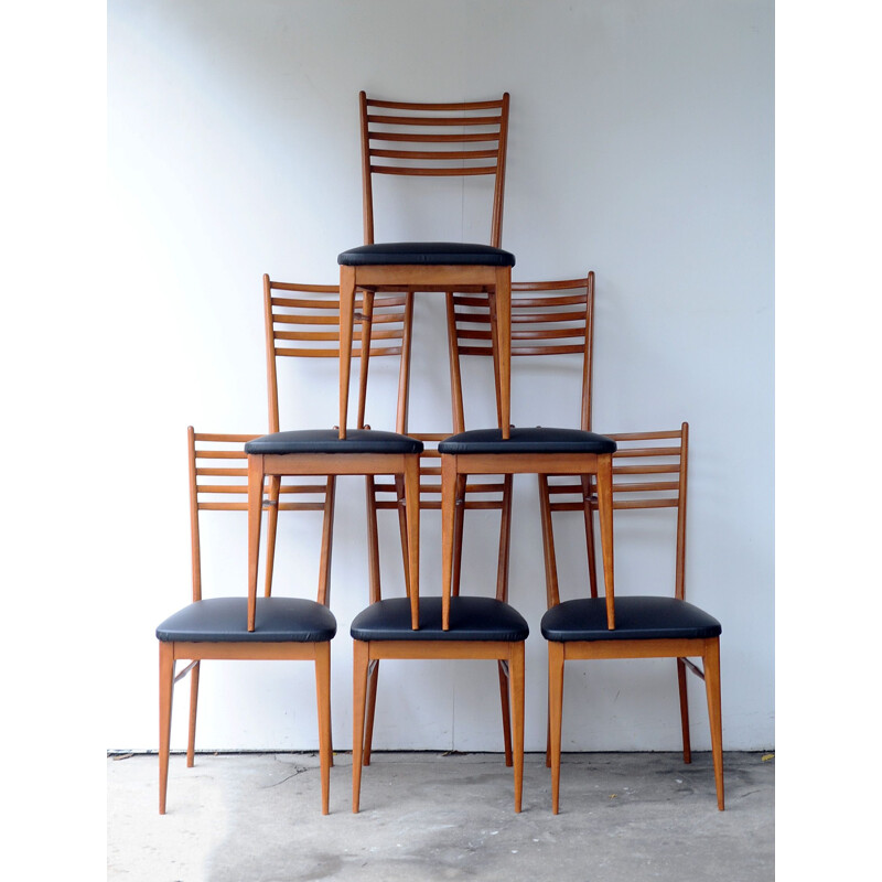 Set of 6 vintage beech dining chairs, 195s0