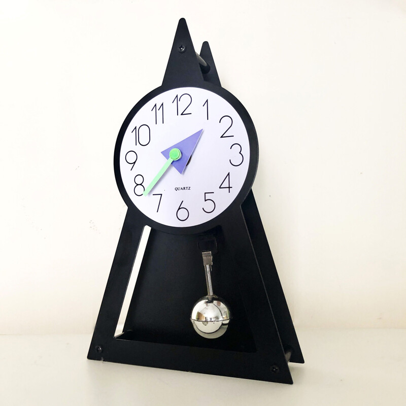 Vintage lacquered steel pendulum clock, Memphis style, France, 1980s