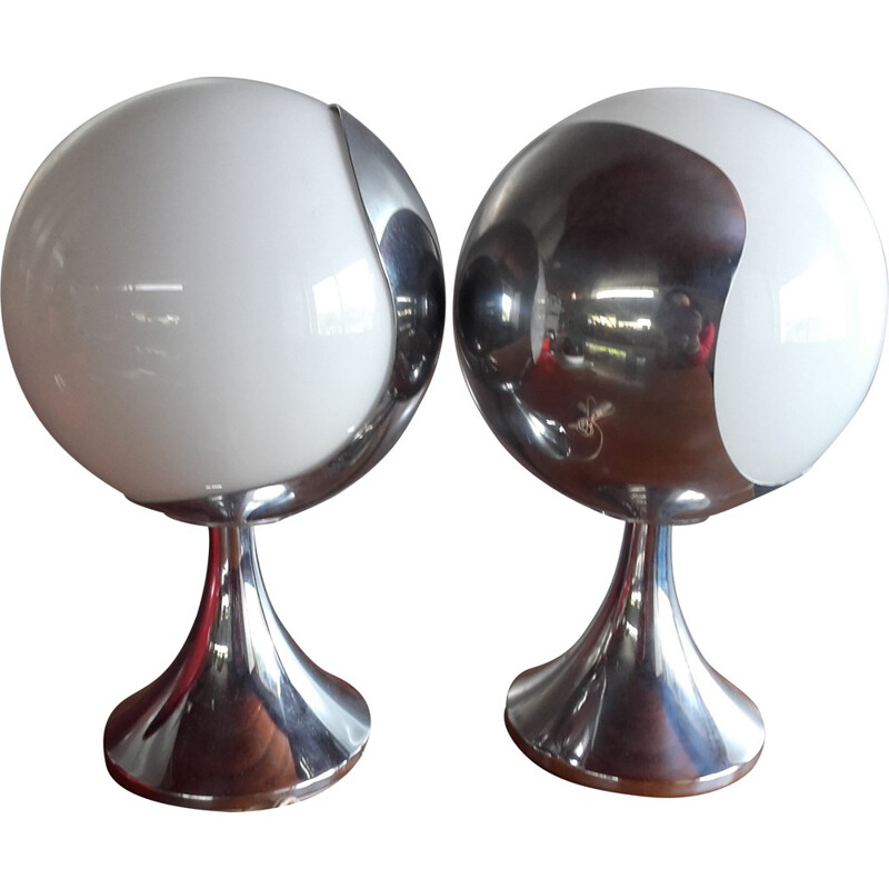 Set of 2 table lamps in opaline and chromed metal, Jean PERZEL - 1960s