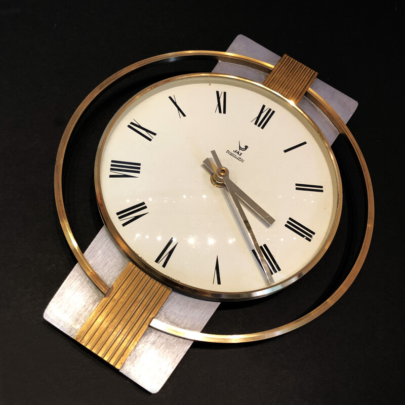 Vintage steel and brass wall clock, Switzerland, 1960s