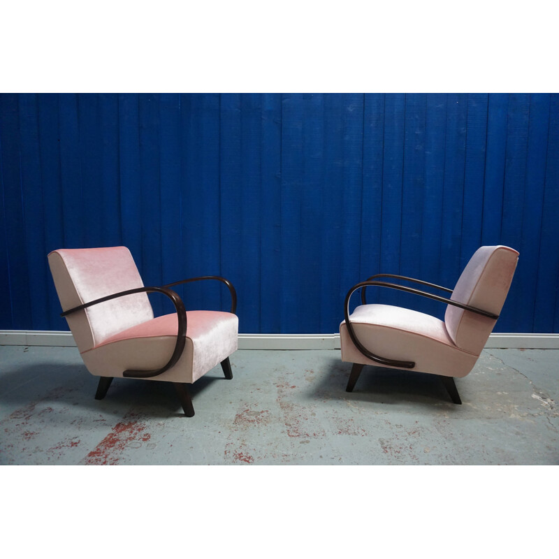 Set of 2 vintage bent armchairs in pink velvet, by Jindrich Halabala from Thonet, 1930