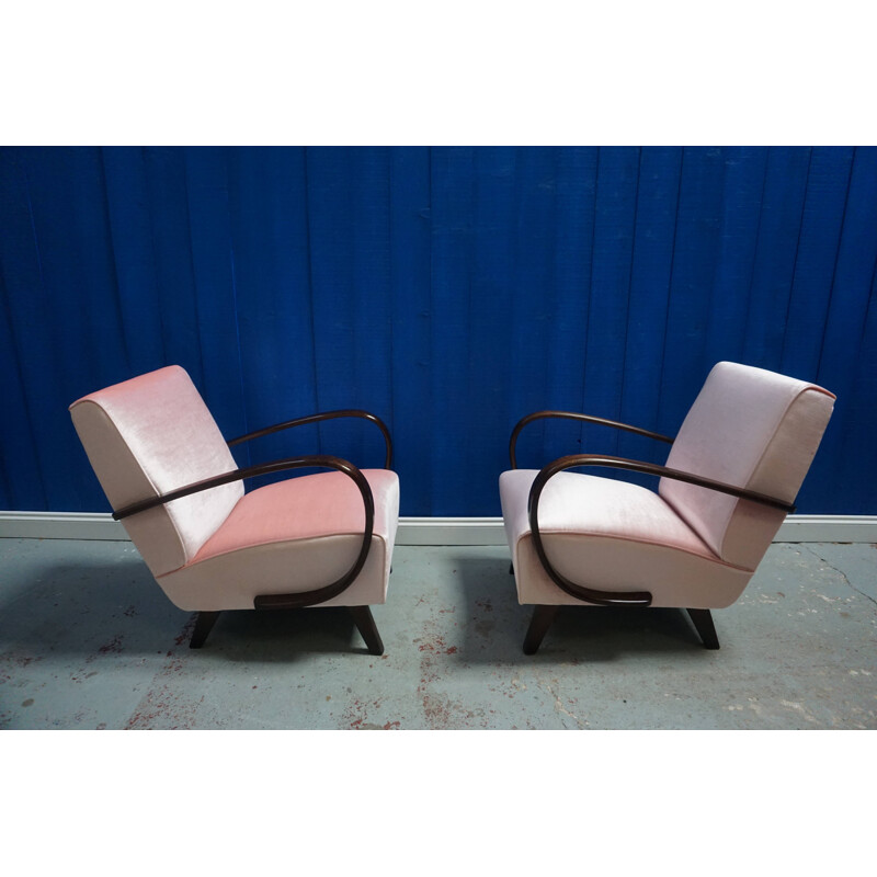 Set of 2 vintage bent armchairs in pink velvet, by Jindrich Halabala from Thonet, 1930