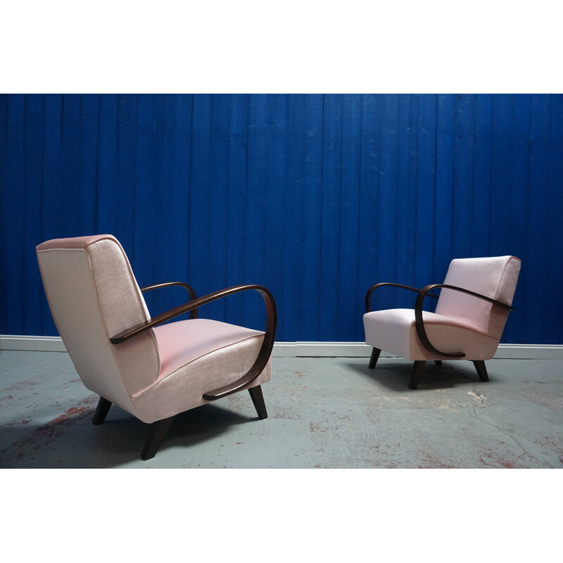 Set of 2 vintage bent armchairs in pink velvet, by Jindrich Halabala from Thonet, 1930