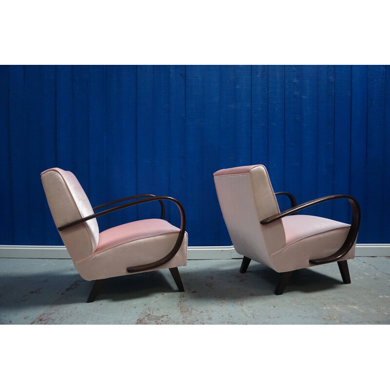 Set of 2 vintage bent armchairs in pink velvet, by Jindrich Halabala from Thonet, 1930