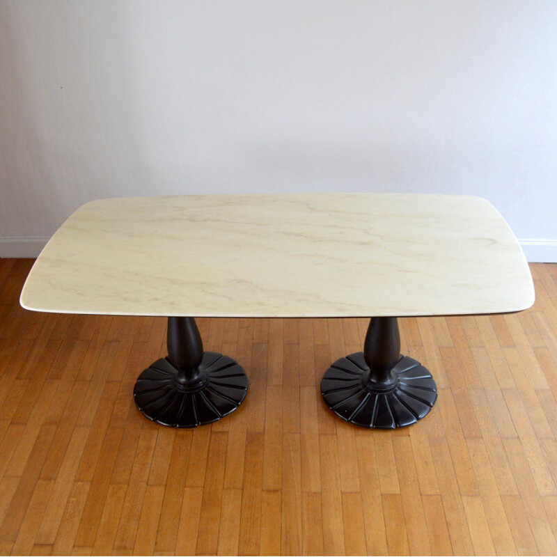 Vintage marble and wood dining table, France, 1930s