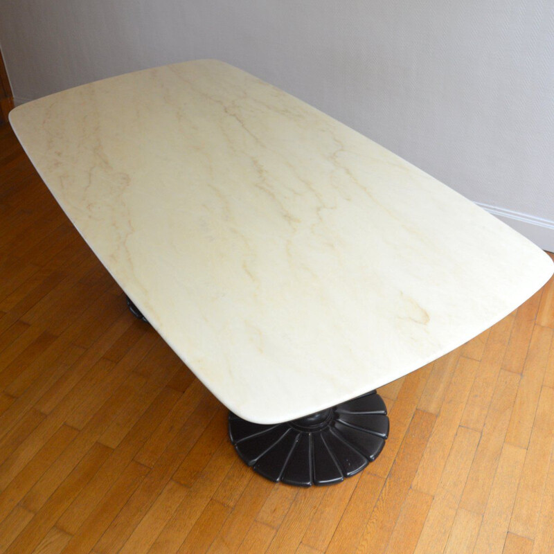 Vintage marble and wood dining table, France, 1930s