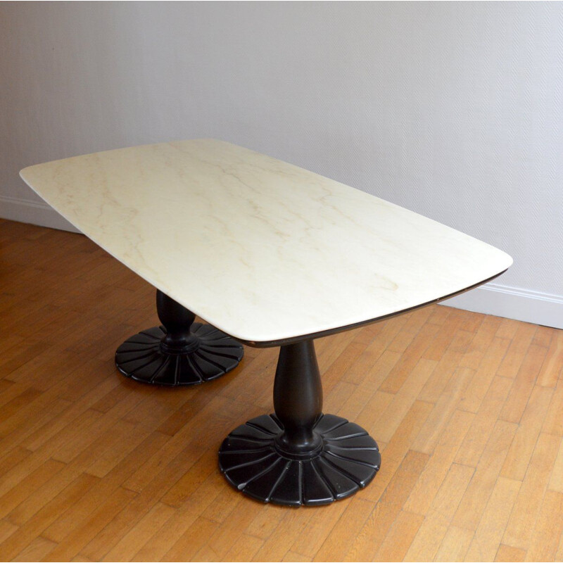 Vintage marble and wood dining table, France, 1930s