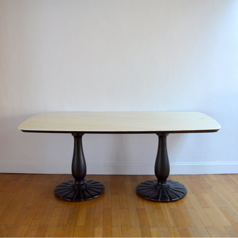 Vintage marble and wood dining table, France, 1930s
