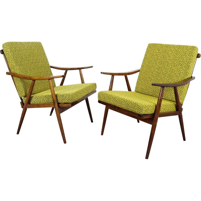 Pair of 2 green vintage armchairs by Ton, 1970s