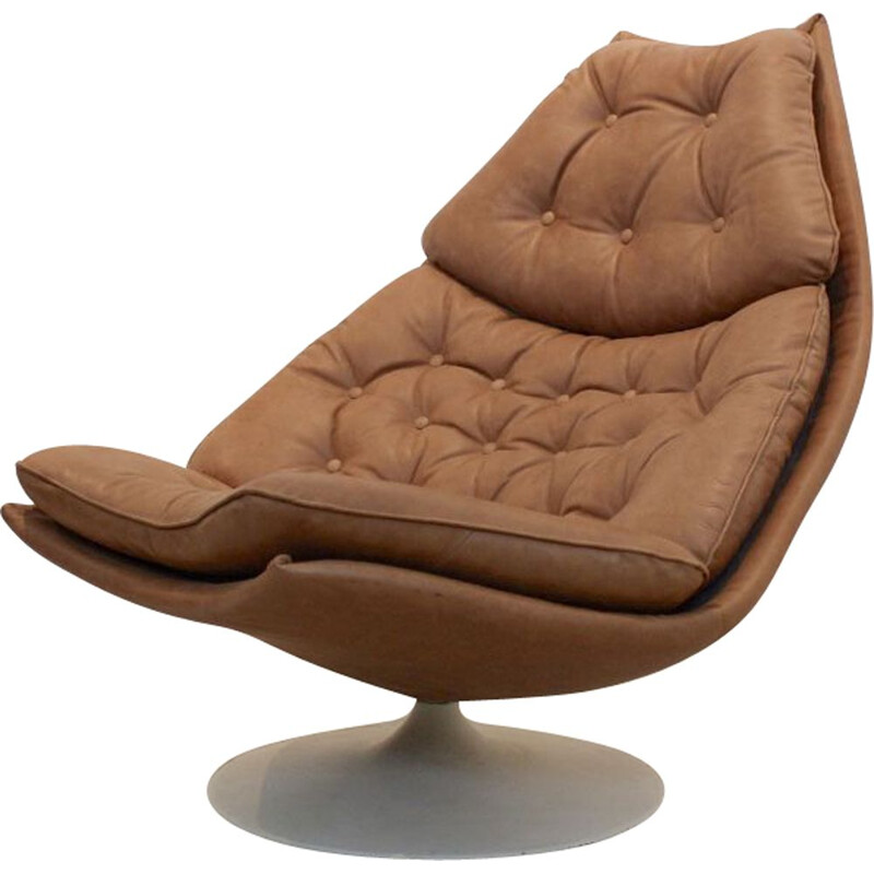 Vintage Artifort F588 Swivel Chair in Cognac Leather by Geoffrey Harcourt, 1960s