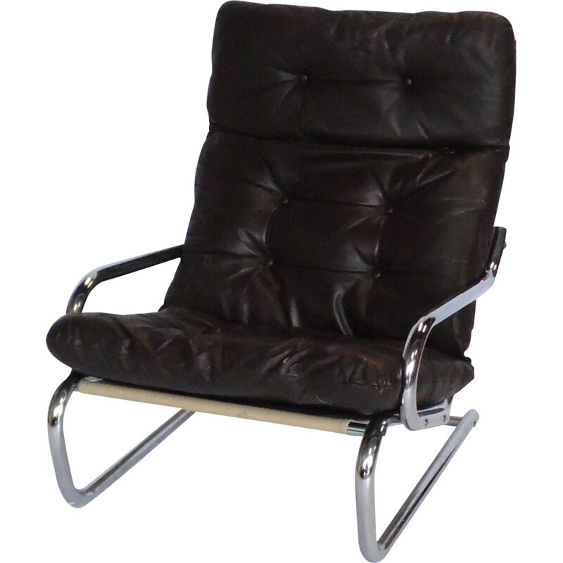 Fauteuil vintage en cuir et chrome, Suède 1970