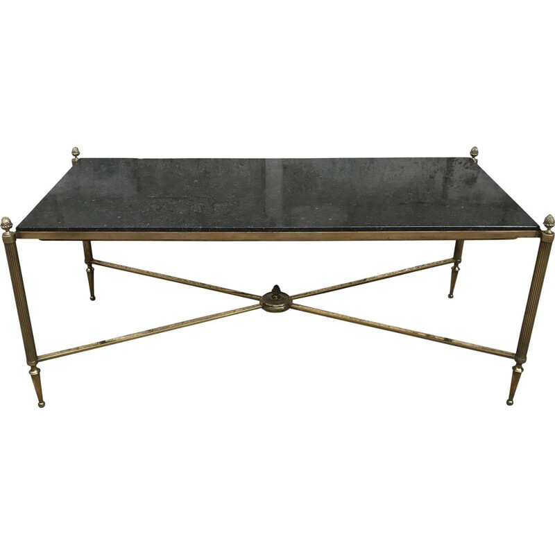 Table basse vintage en bronze & laiton avec plateau granit noir de Maison JANSEN 1940