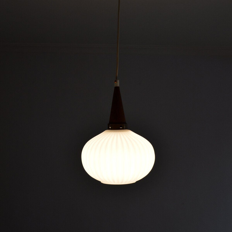 Vintage scandinavian pendant light in opaline and teak, 1960s