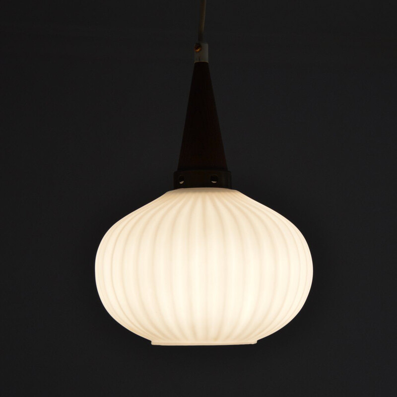 Vintage scandinavian pendant light in opaline and teak, 1960s