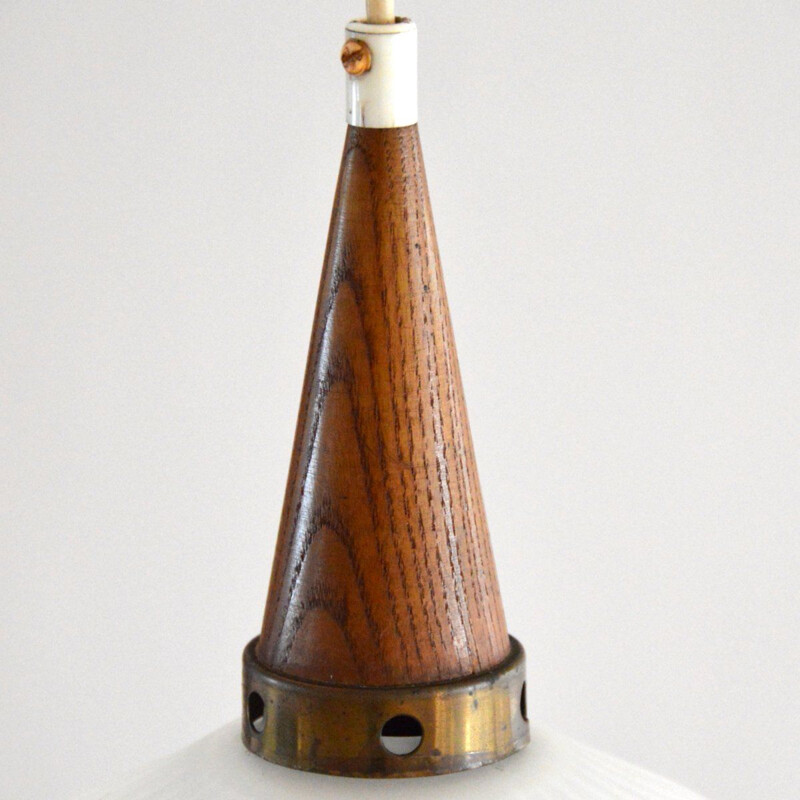 Vintage scandinavian pendant light in opaline and teak, 1960s