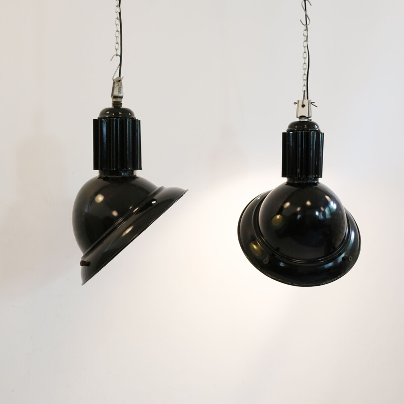 Set of 2 vintage black industrial pendant lights, 1960s