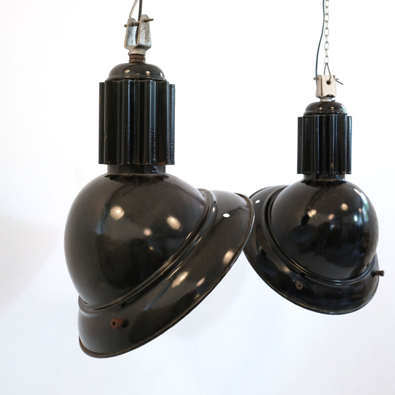 Set of 2 vintage black industrial pendant lights, 1960s