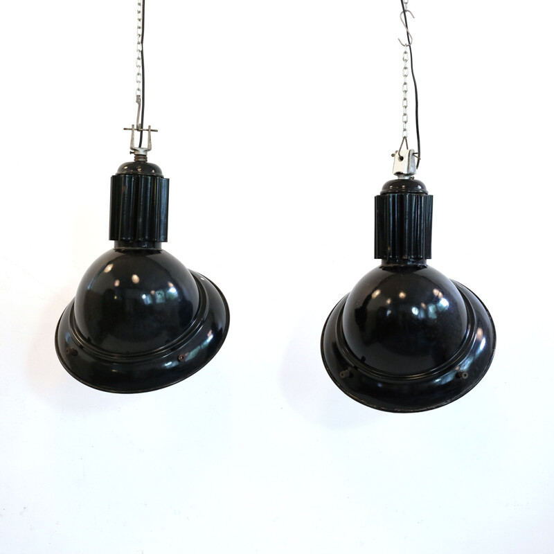 Set of 2 vintage black industrial pendant lights, 1960s