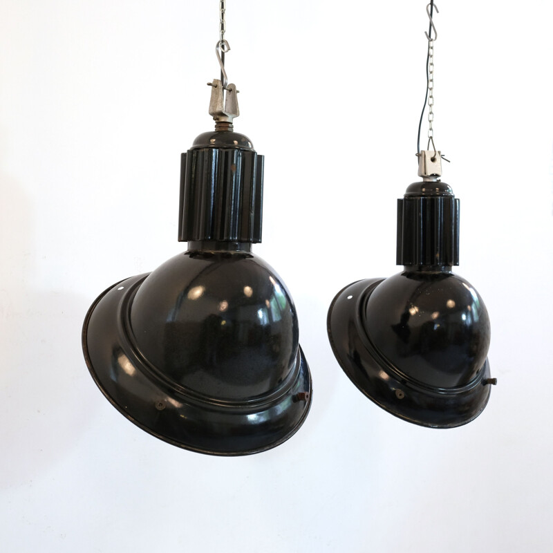 Set of 2 vintage black industrial pendant lights, 1960s