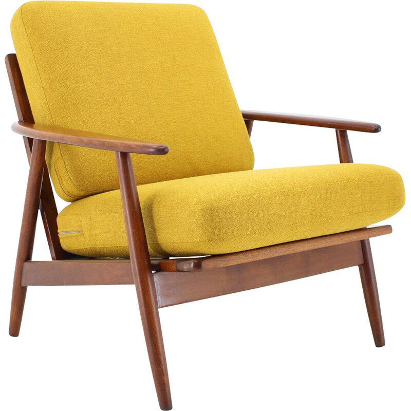 Vintage teakwood and yellow fabric armchair, Denmark, 1960s