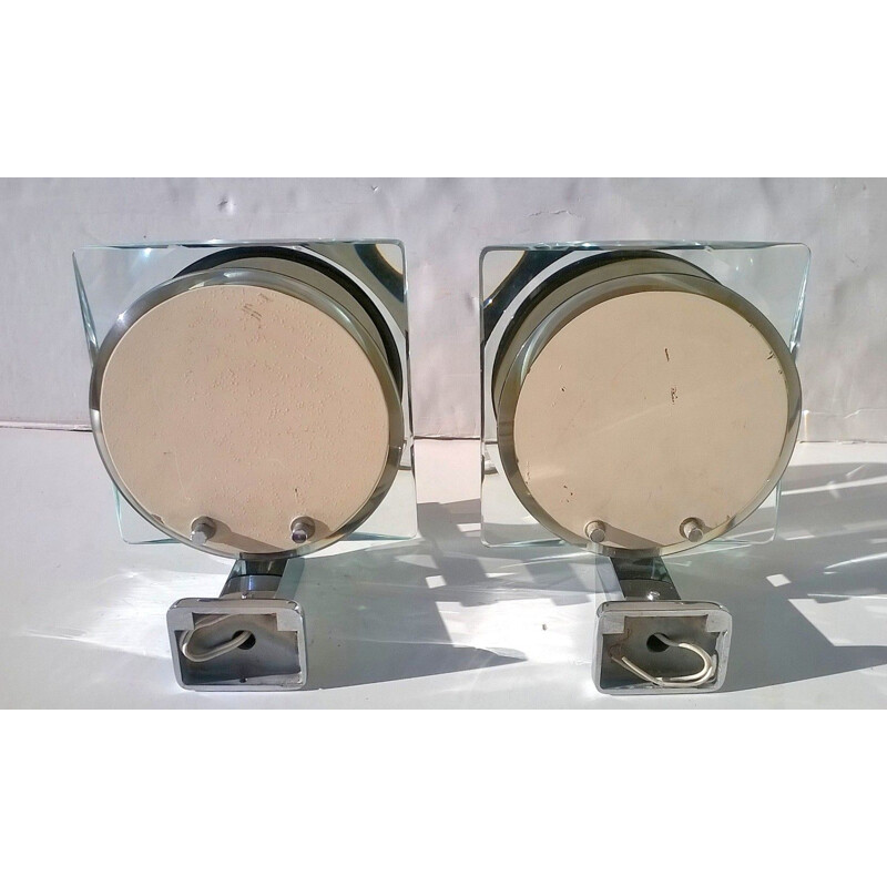 Pair of glass and chromed steel wall lights - 1960s