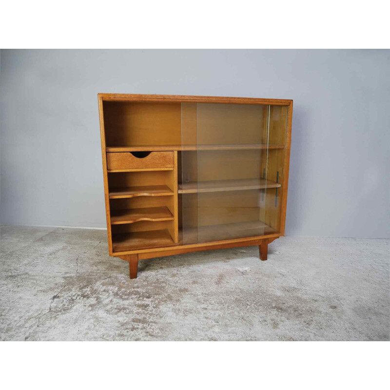 Vintage oak and glass bookcase, 1950s