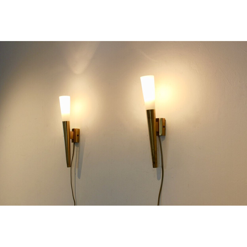 Pair of italian brass and opaline wall lamps, Italy, 1970s