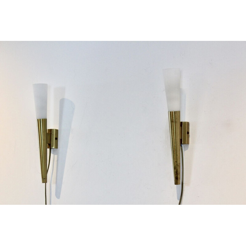 Pair of italian brass and opaline wall lamps, Italy, 1970s