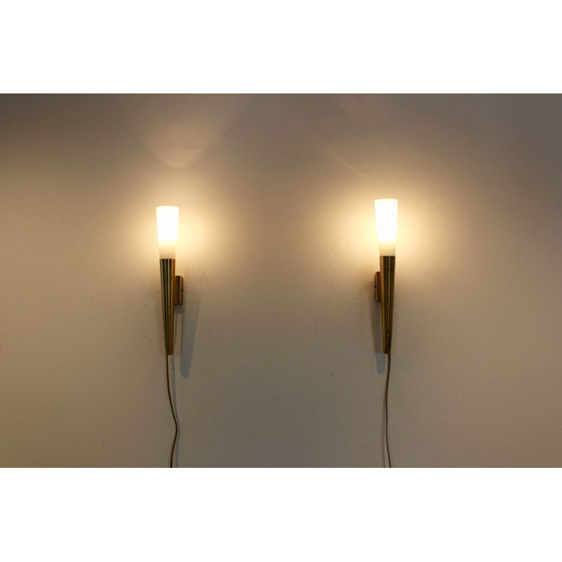 Pair of italian brass and opaline wall lamps, Italy, 1970s