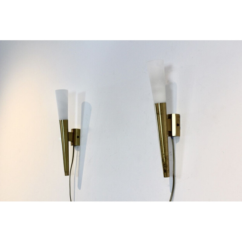 Pair of italian brass and opaline wall lamps, Italy, 1970s