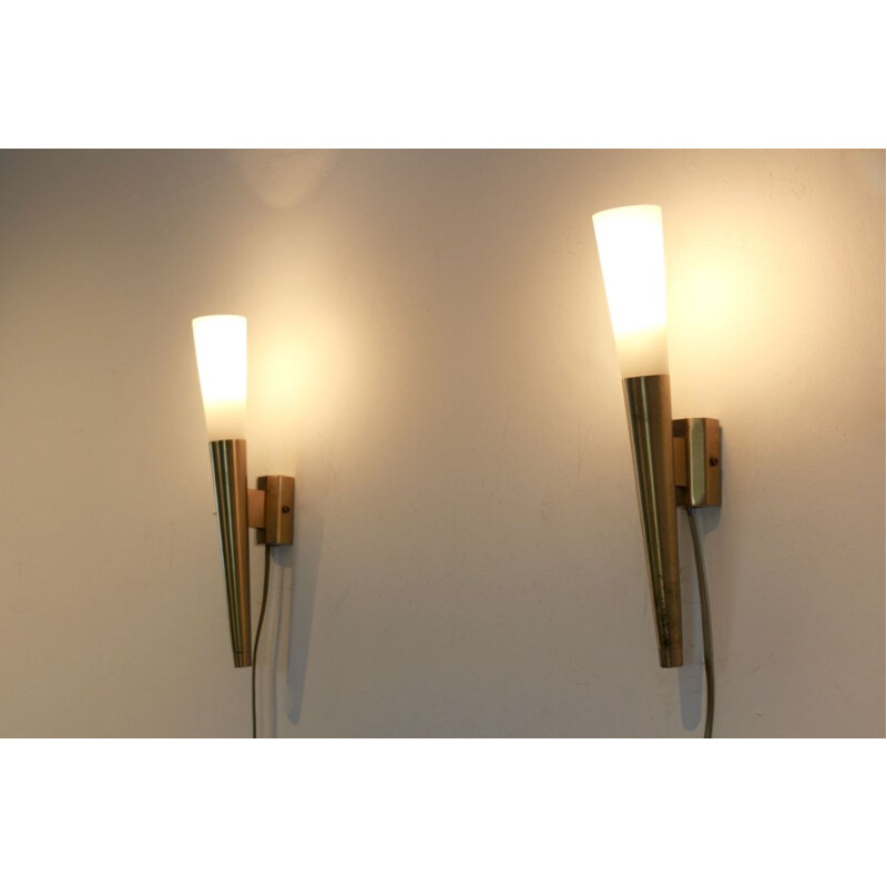 Pair of italian brass and opaline wall lamps, Italy, 1970s