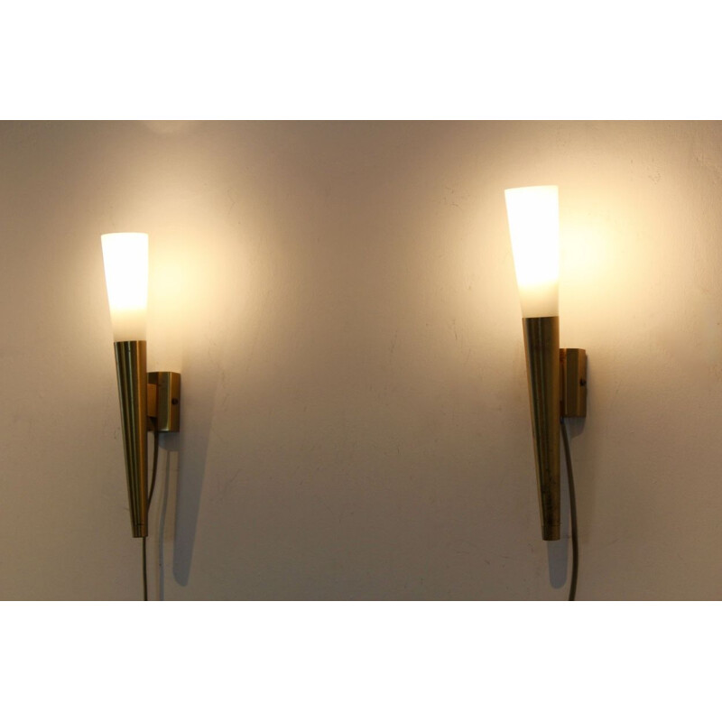 Pair of italian brass and opaline wall lamps, Italy, 1970s