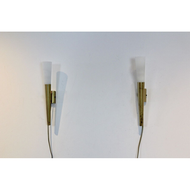 Pair of italian brass and opaline wall lamps, Italy, 1970s