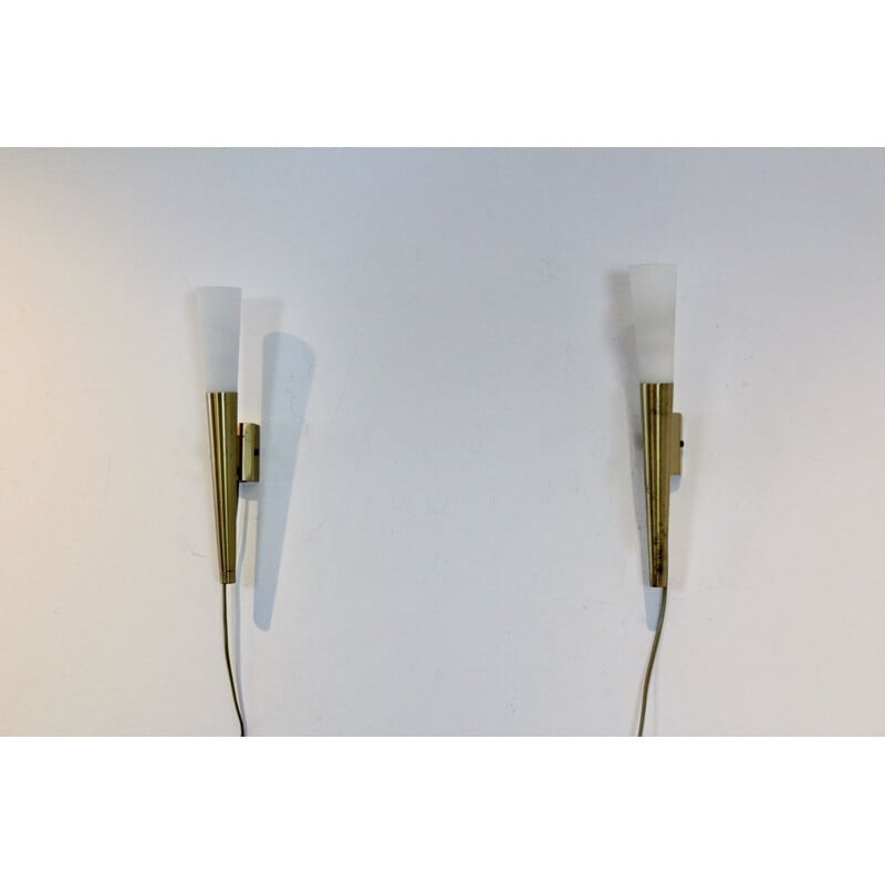 Pair of italian brass and opaline wall lamps, Italy, 1970s