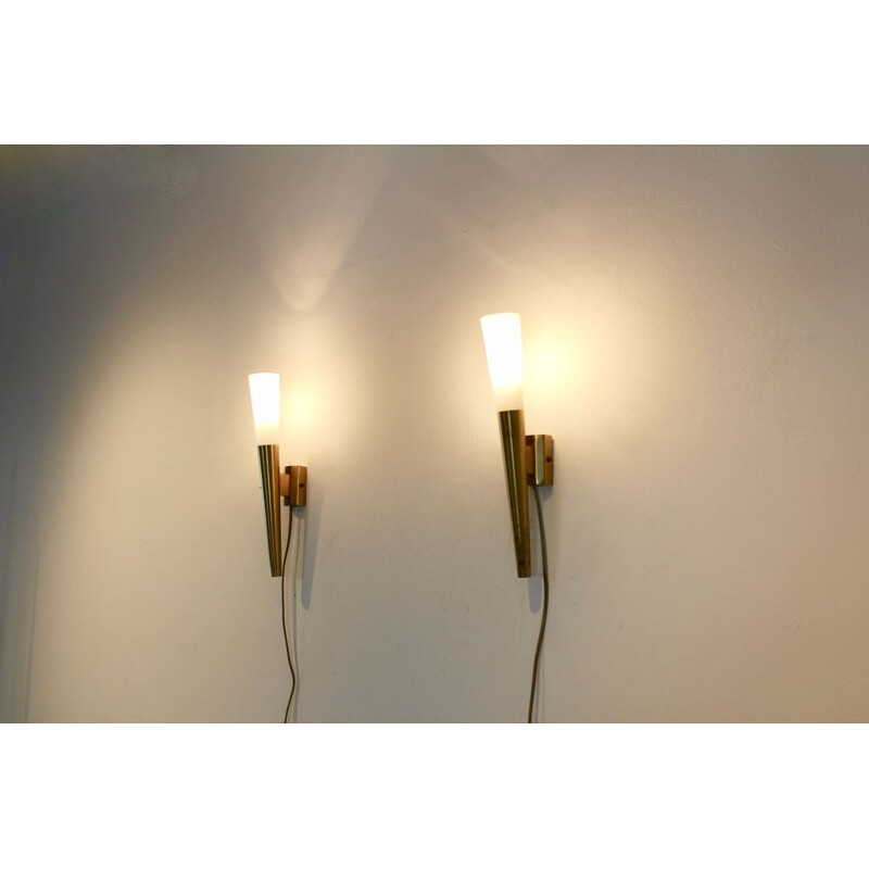 Pair of italian brass and opaline wall lamps, Italy, 1970s