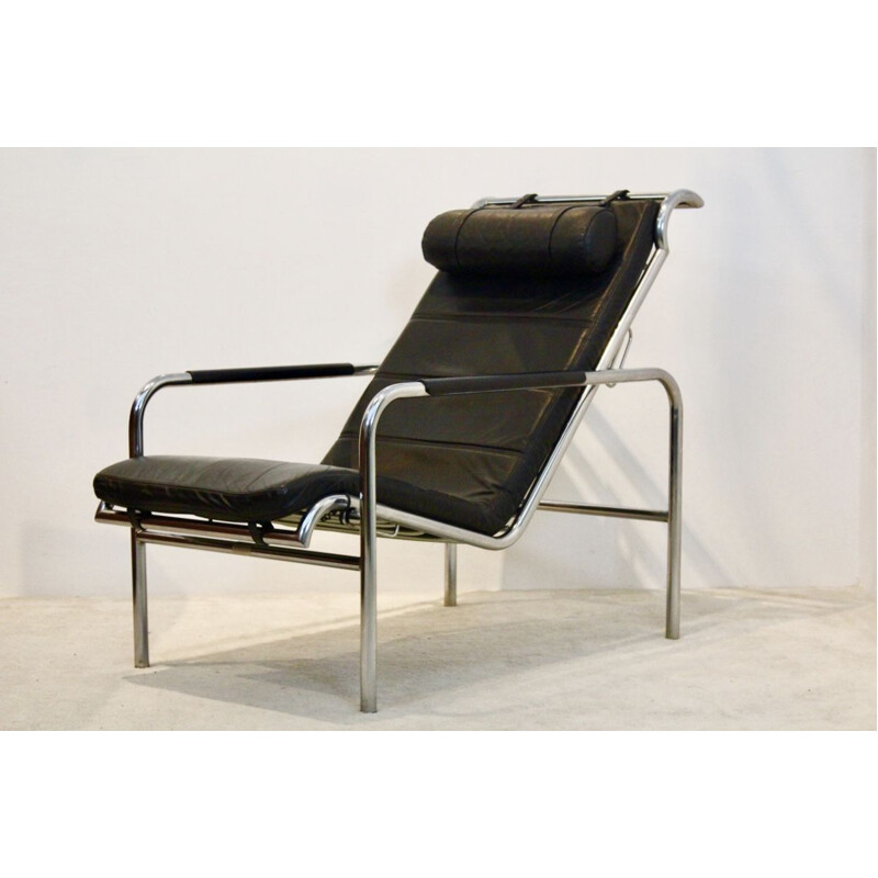 Chaise longue vintage en cuir chromé et noir par Gabriele Mucchi pour Zanotta, 1930