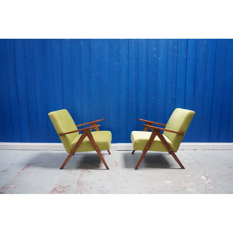Set of 2 green velvet vintage armchairs, 1960s