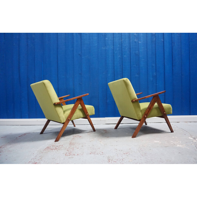 Set of 2 green velvet vintage armchairs, 1960s